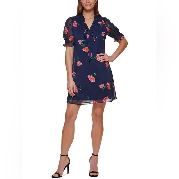 DKNY Floral Print Tie-Neck Mini Shift Dress in Navy Sz. 16 - Picture 2 of 12